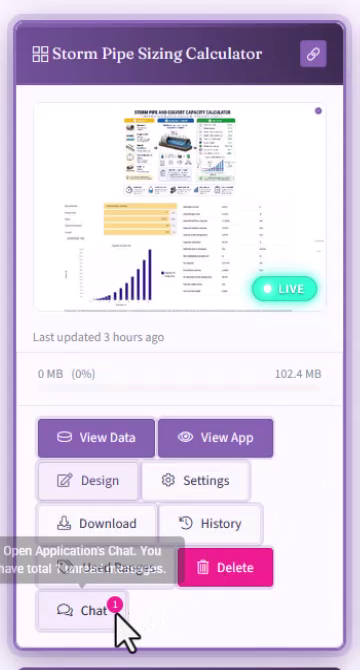 Application card with the Chat button and an unread message badge