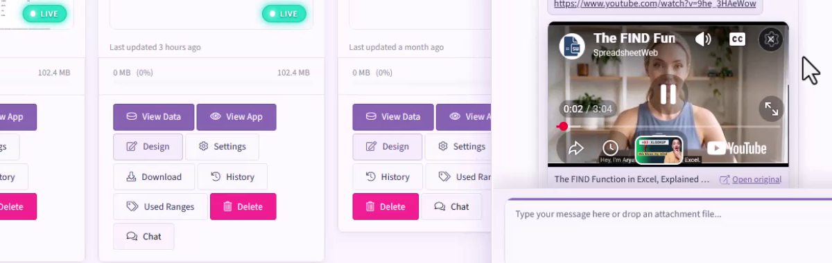 Applications page with an inline YouTube video playing in application chat