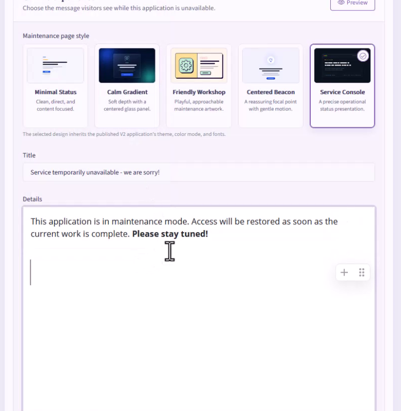Offline experience editor with maintenance page styles, a title field, and Markdown-formatted details