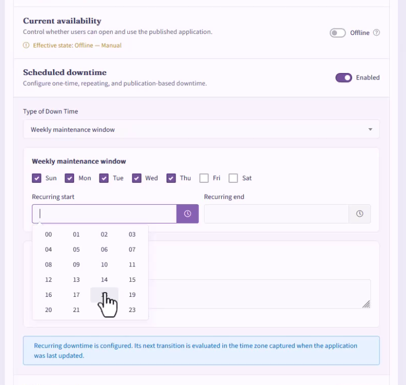 Weekly maintenance window with selected weekdays and recurring start and end times