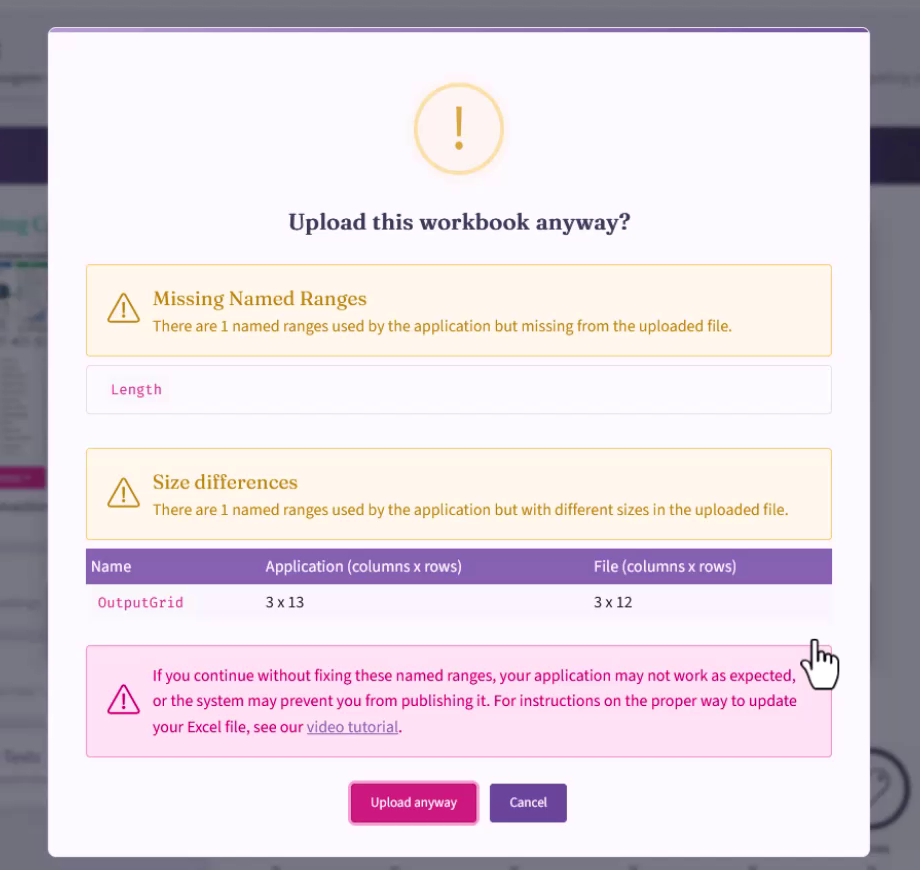 Workbook compatibility results showing a missing named range and a named range with different dimensions