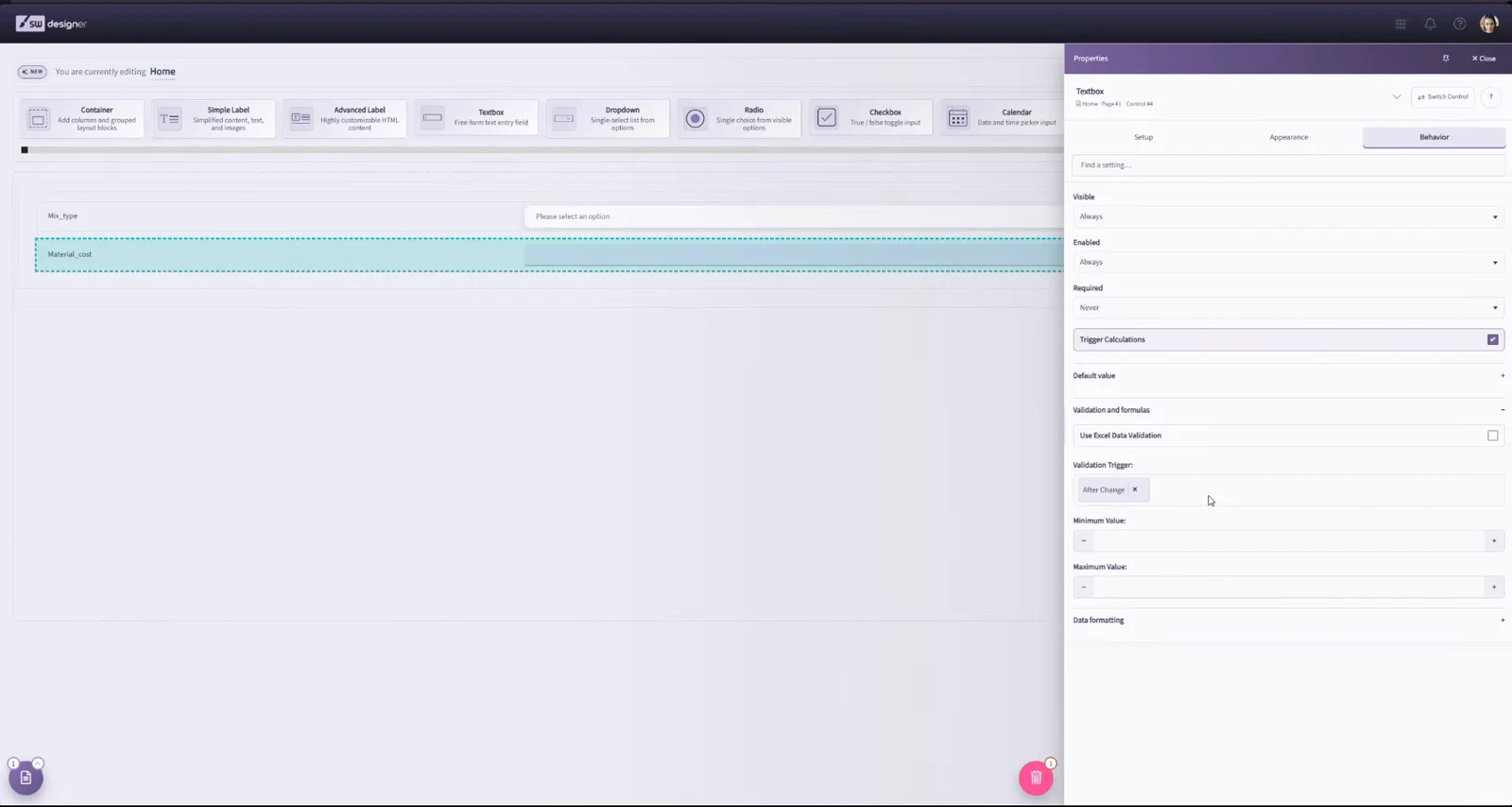 Current Designer workspace with the control Properties panel open