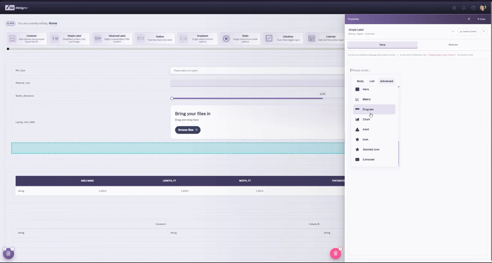 Simple Label block picker showing Hero, Metric, Diagram, Chart, Alert, Icon, Stacked Icon, and Carousel
