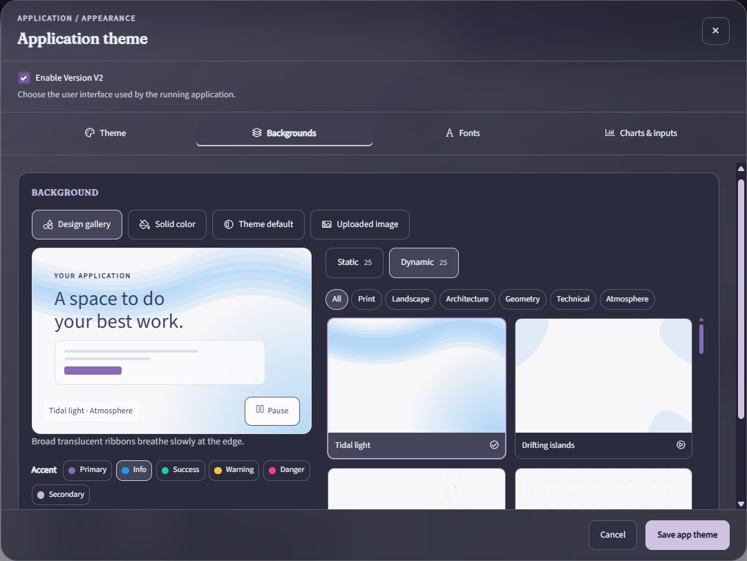 Dynamic background gallery showing Tidal light, the application preview with a Pause control, and semantic accents