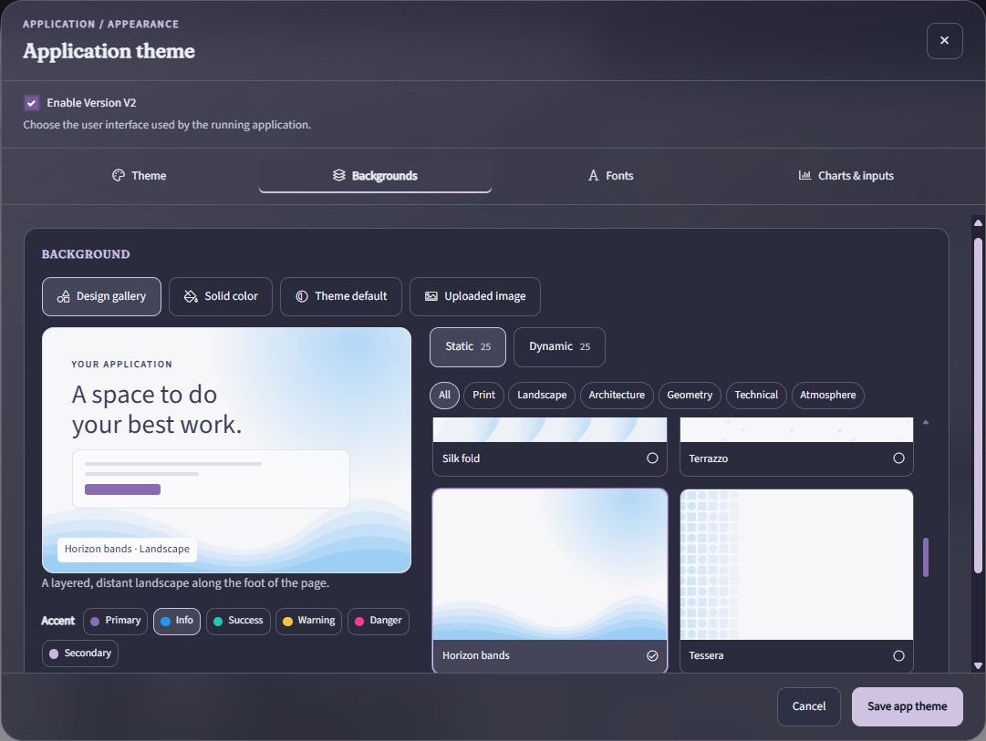 Background Design gallery with Horizon bands selected, Static collection, category filters, and Info accent