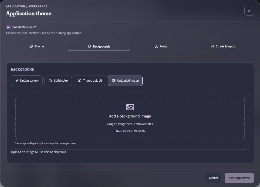 Uploaded image background option with a drag-and-drop area accepting PNG, JPEG, or GIF files up to 8 MB