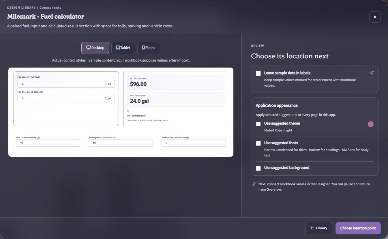 Fuel calculator component preview with sample-data and appearance options and Choose insertion point action