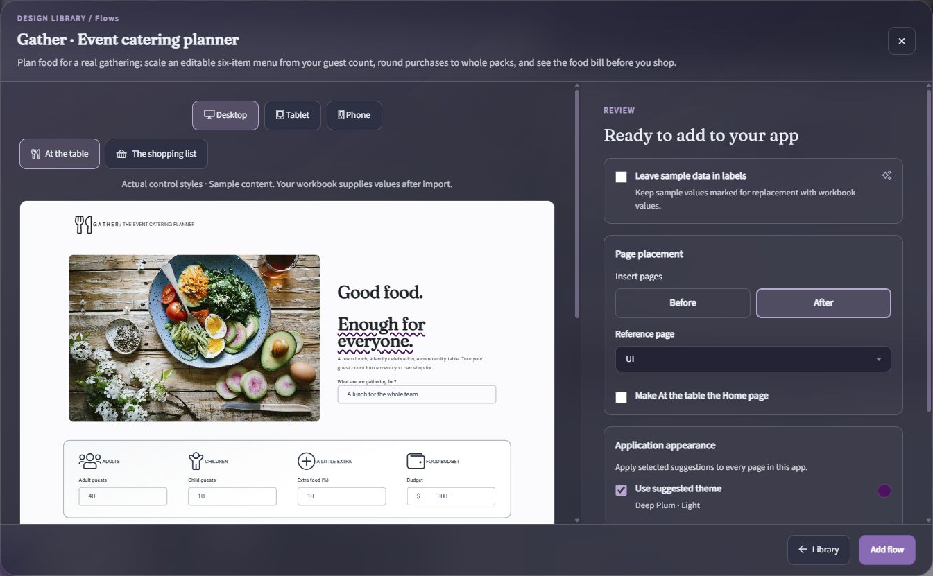 Gather flow preview showing two pages, responsive device choices, and the page placement review panel