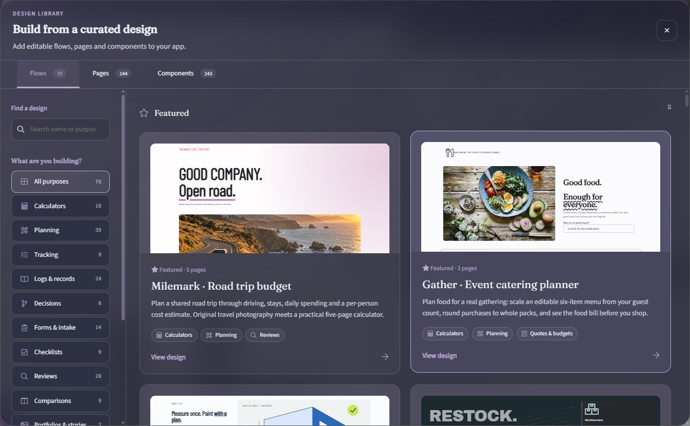 Design Library gallery with flow, page, and component tabs, search, purpose filters, and design cards