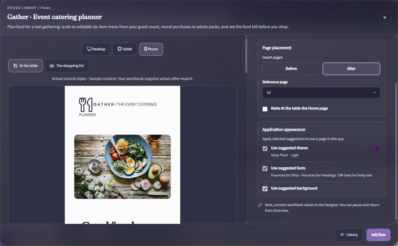 Phone preview beside application-wide theme, font, and background suggestions in the import review