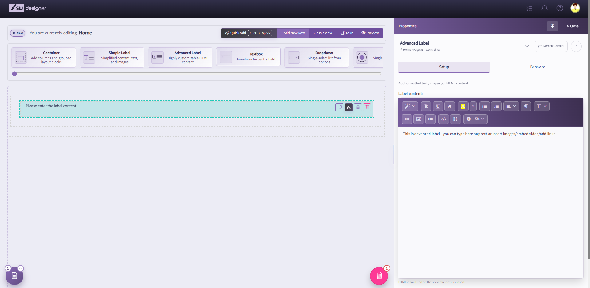 Advanced Label selected on the Designer canvas with its rich text editor in the Properties panel
