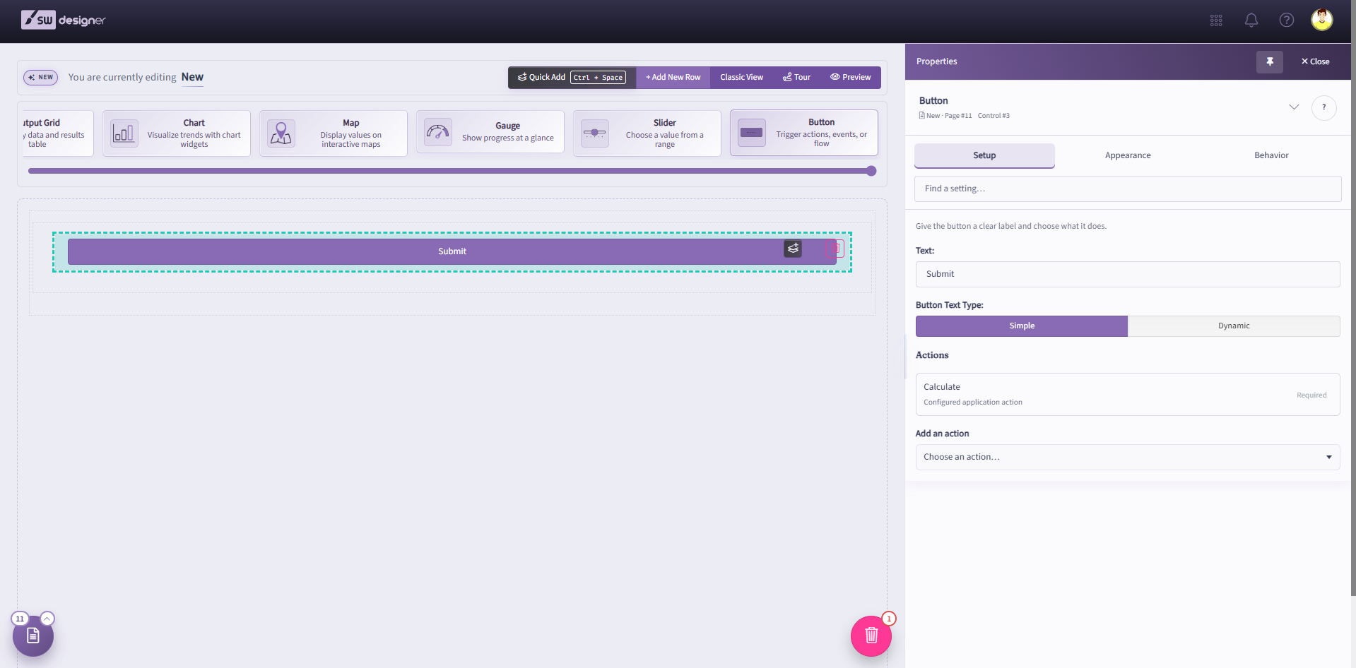 Button selected on the Designer canvas with the Setup tab showing button text, actions, and width settings