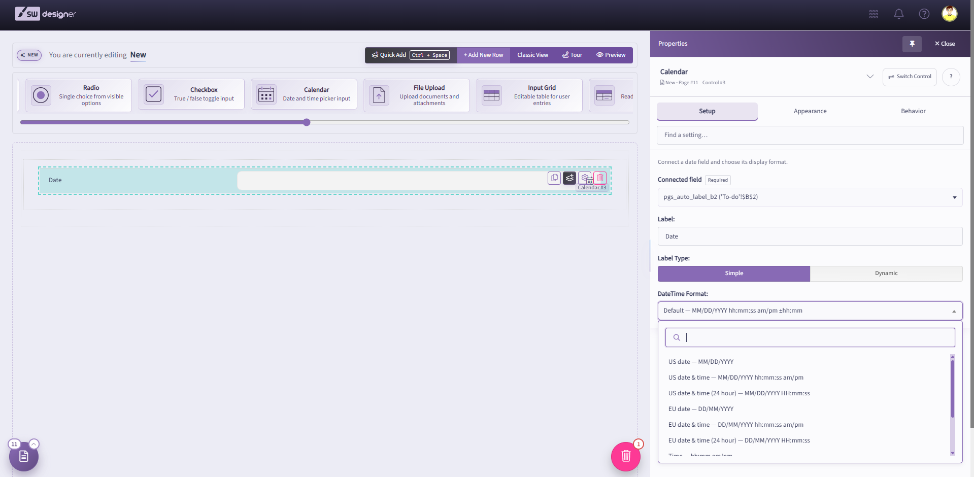 Calendar selected on the Designer canvas with its Setup settings and named range options