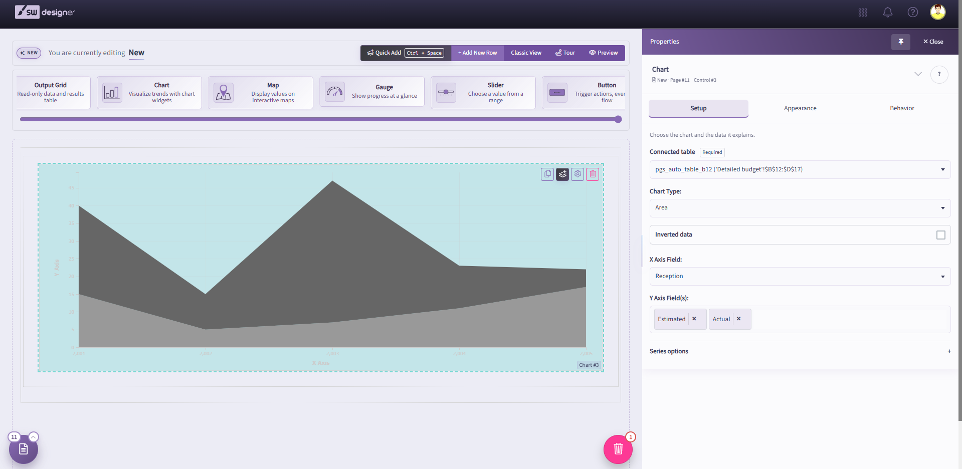 Chart on the Designer canvas with the Setup tab showing connected data and chart type settings