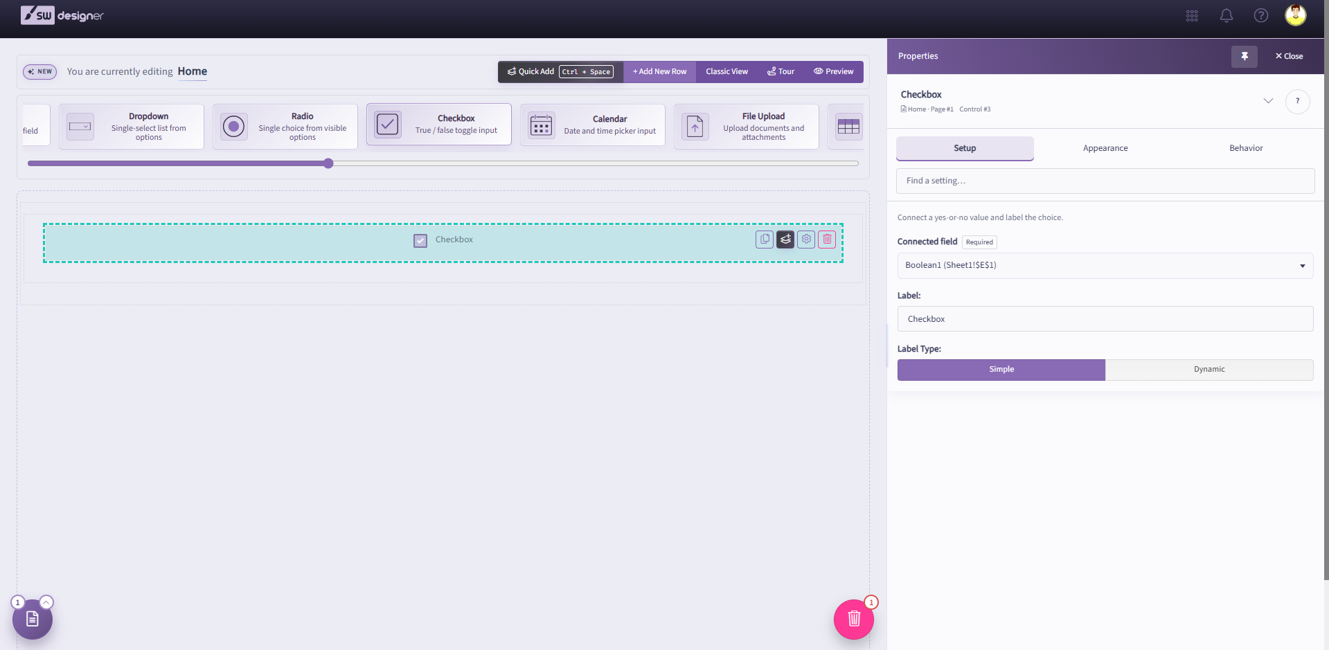 Checkbox selected on the Designer canvas with connected field, label, and label type settings