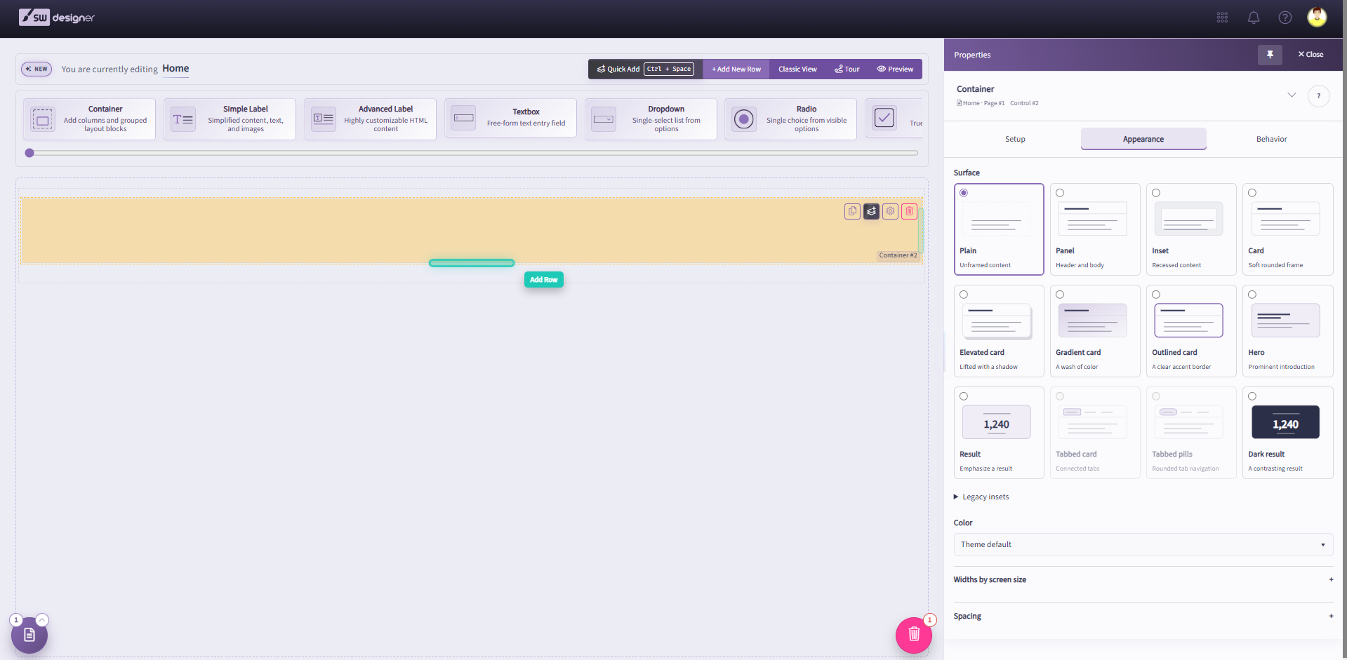 Container selected on the Designer canvas with Surface style cards and Color settings in the Appearance tab