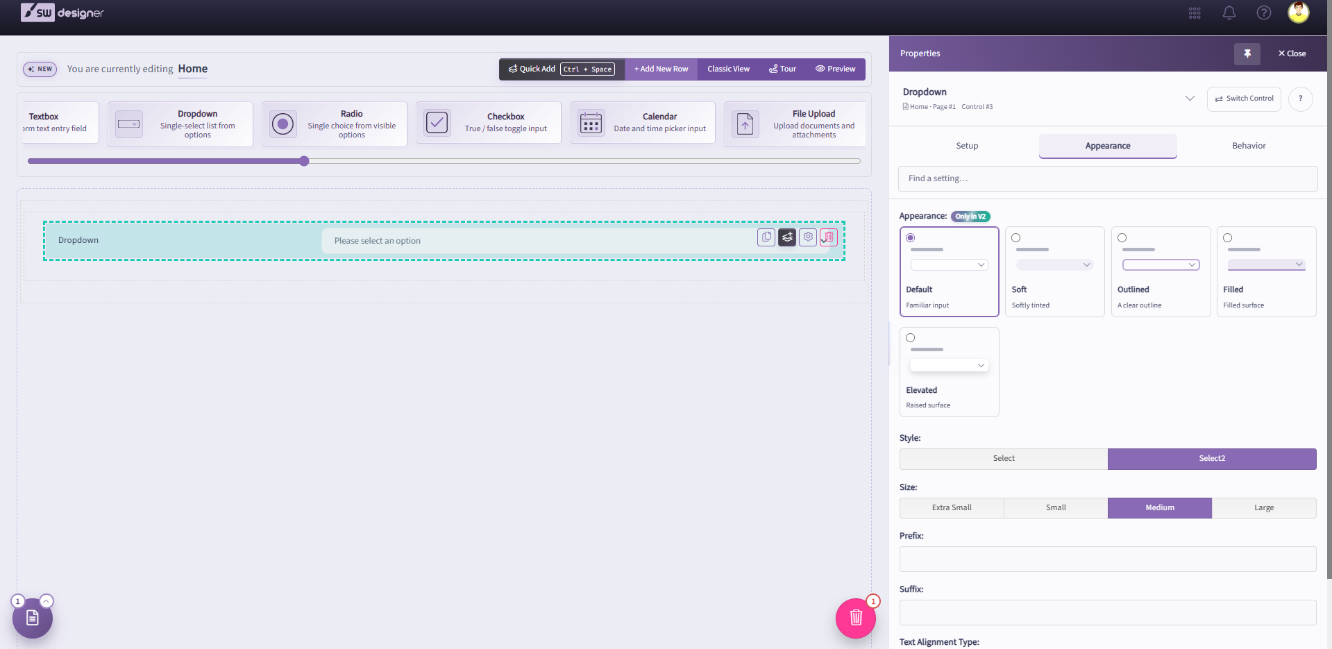 Dropdown selected on the Designer canvas with design, alignment, and width options in the Appearance tab