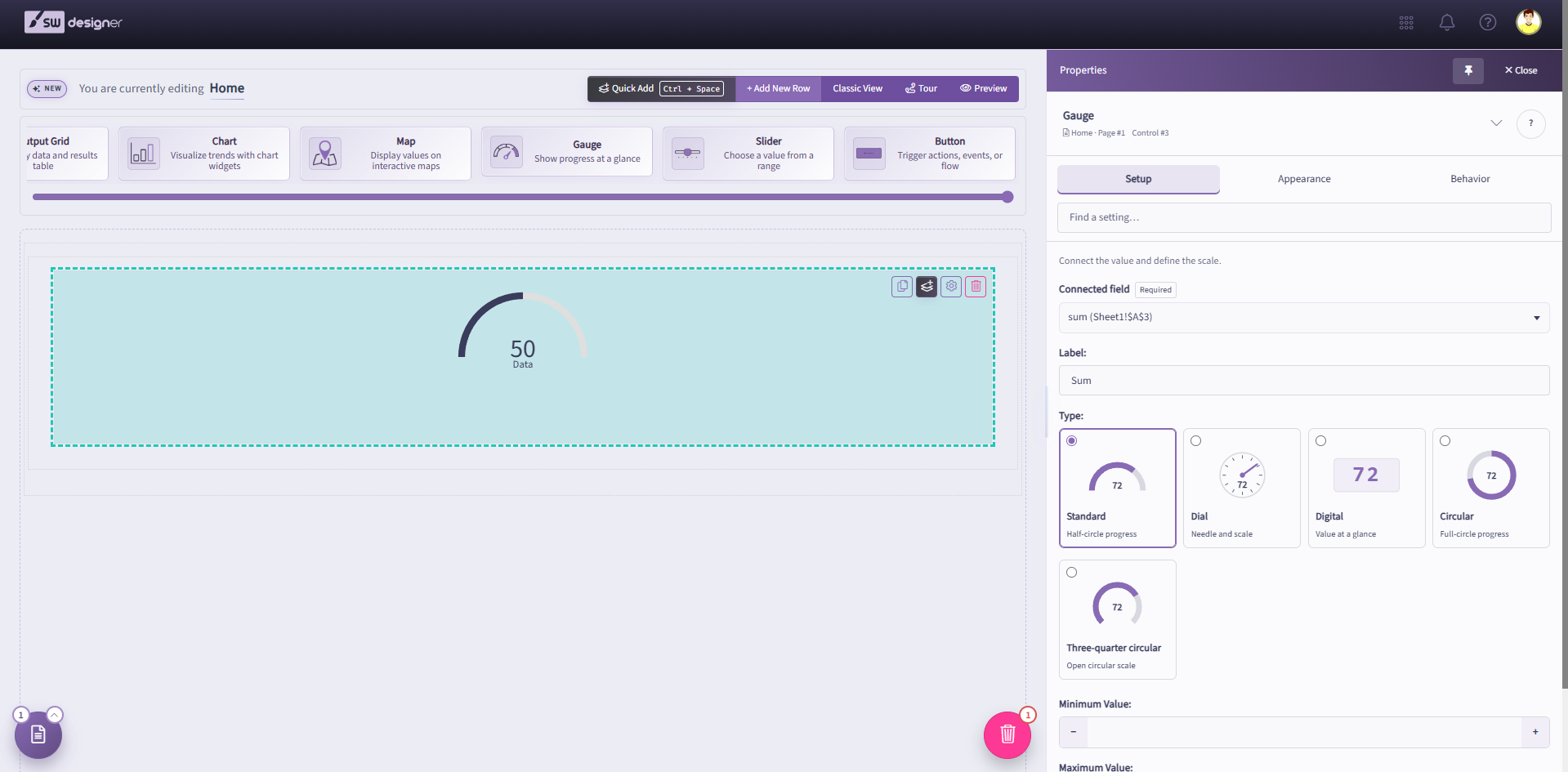 Gauge on the Designer canvas with connected field and gauge type choices in the Setup tab