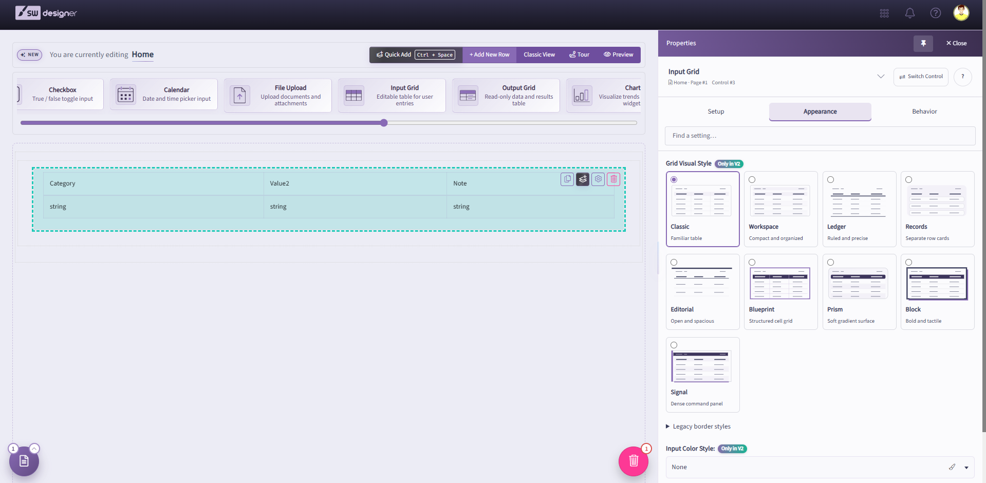 Input Grid on the Designer canvas with Grid Visual Style choices in the Appearance tab