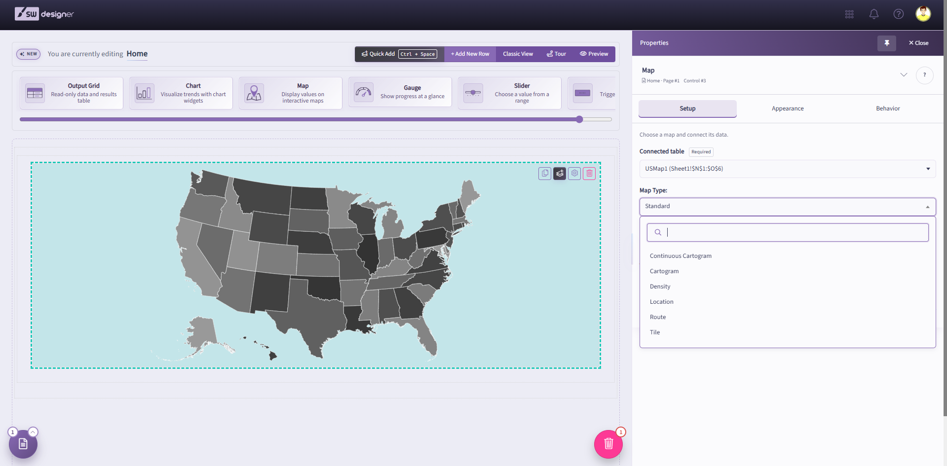 Map on the Designer canvas with its connected table and the Map Type dropdown open
