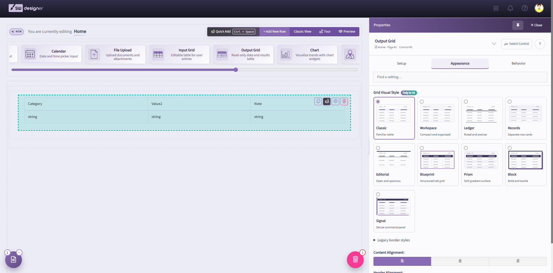 Output Grid on the Designer canvas with Grid Visual Style choices in the Appearance tab