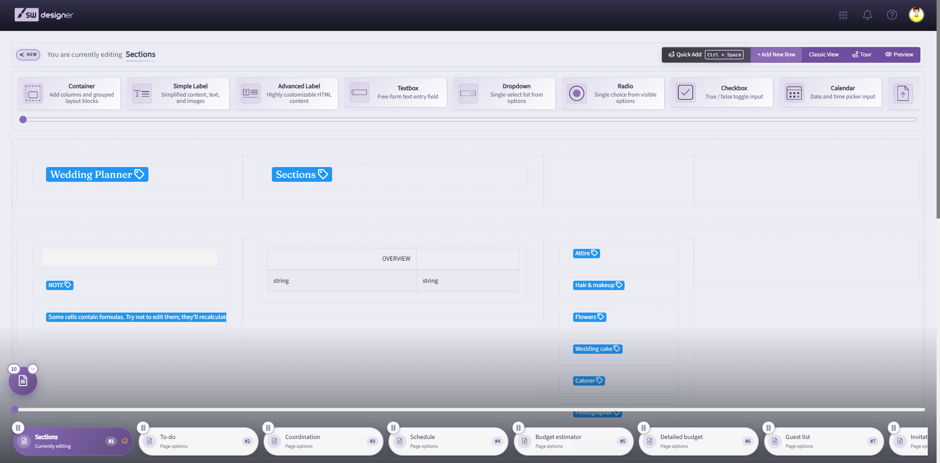 Designer Layout & Controls workspace showing the Sections page and the page navigator along the bottom