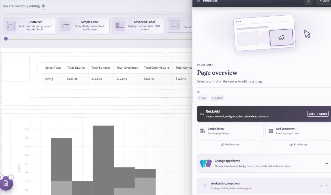 Page overview with the Workbook connections entry below the design and theme tools