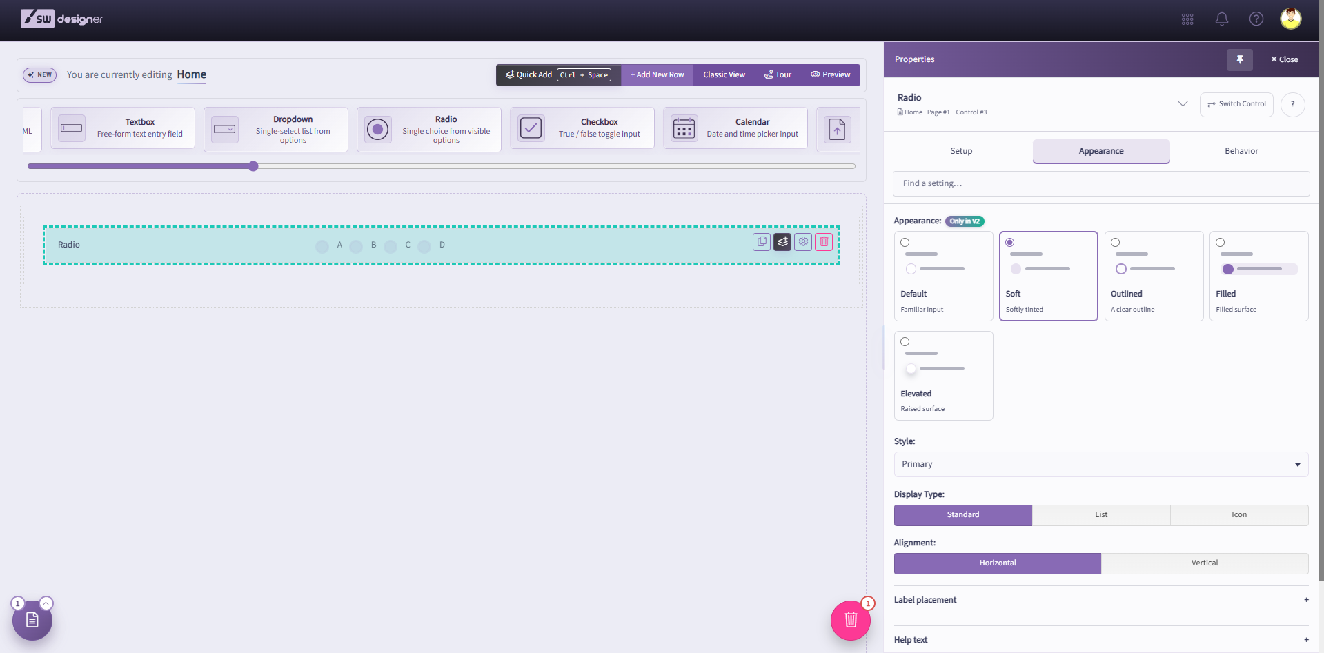 Radio control on the Designer canvas with design, display type, orientation, and label placement options