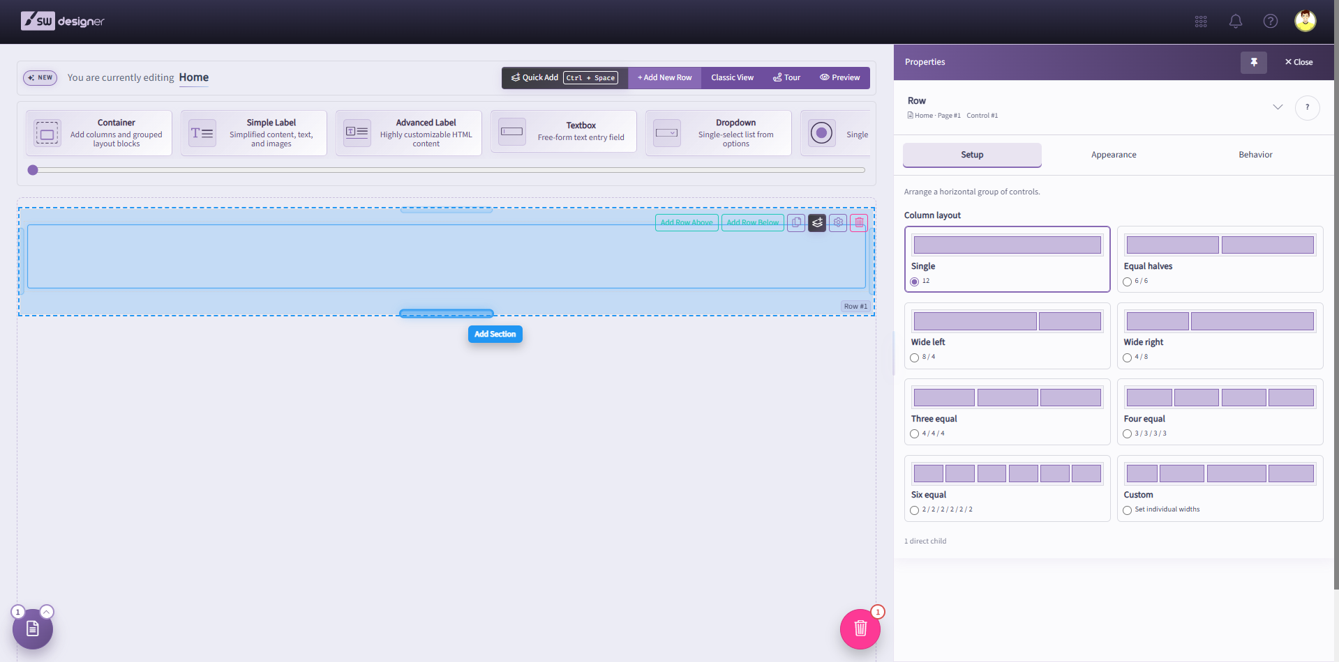 Section selected on the Designer canvas with column layout choices in the Setup tab