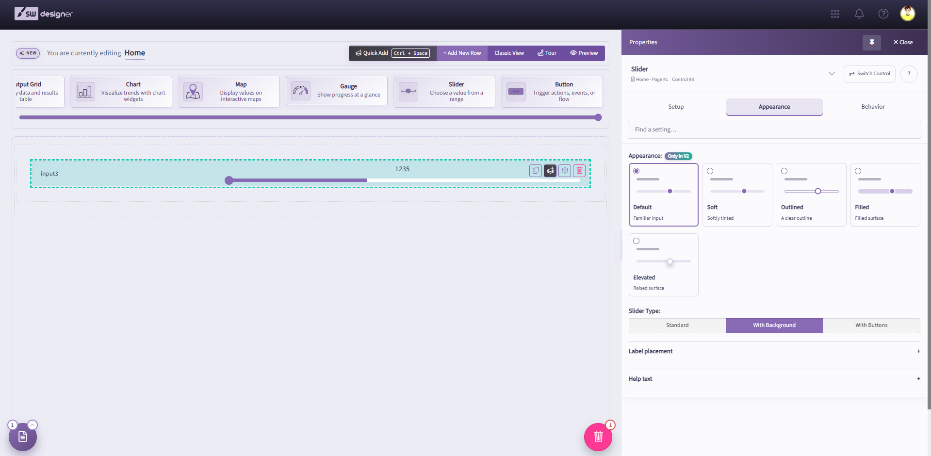 Slider selected on the Designer canvas with design, width, and button style options in the Appearance tab