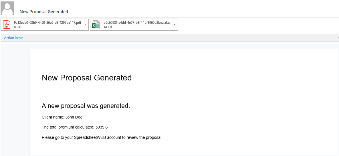 Example email generated by a SpreadsheetWeb Email Process with PDF and Excel attachments