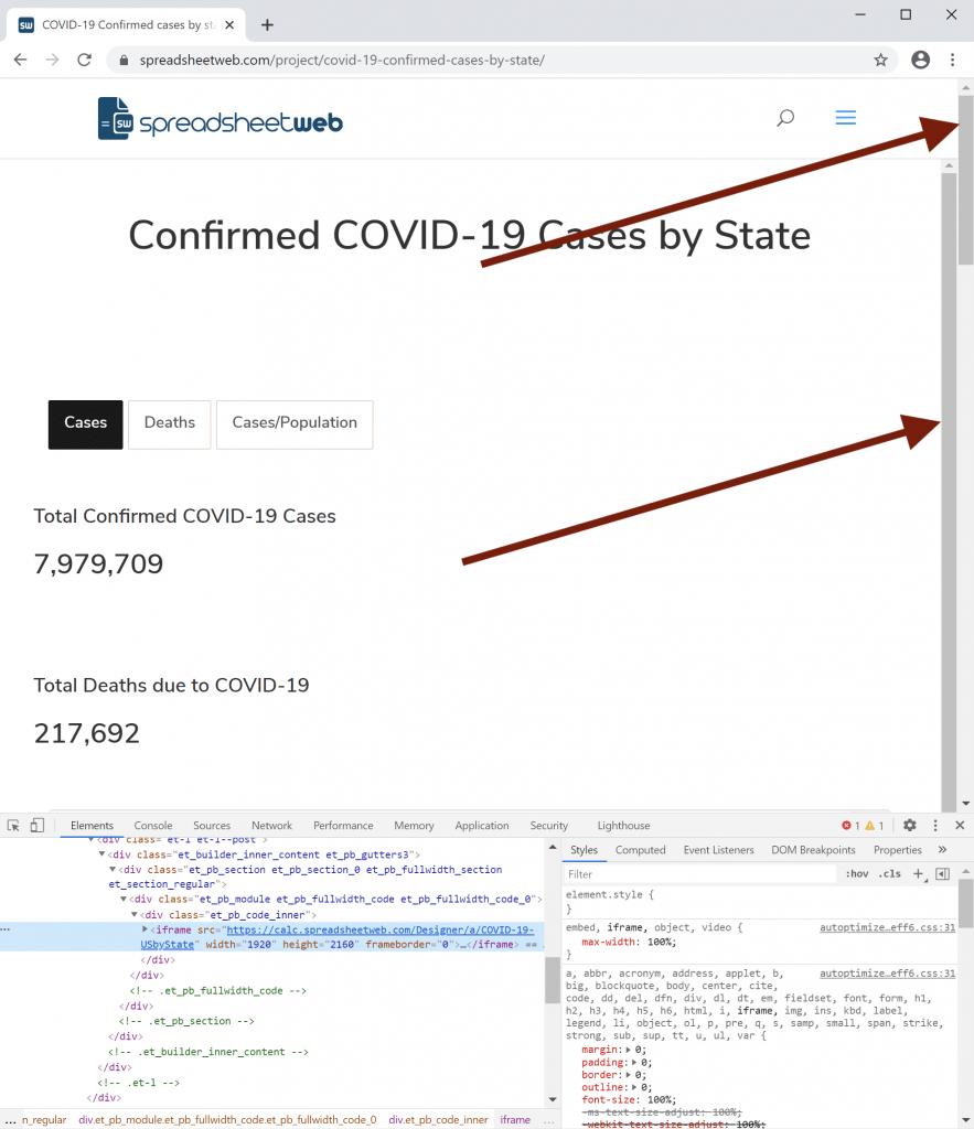 A SpreadsheetWeb Legacy application embedded in a page with two visible vertical scroll bars