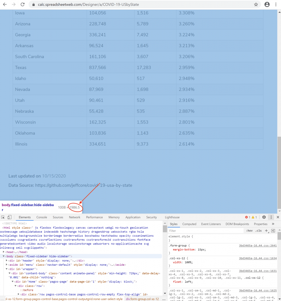 Browser developer tools showing the body height of a SpreadsheetWeb Legacy application