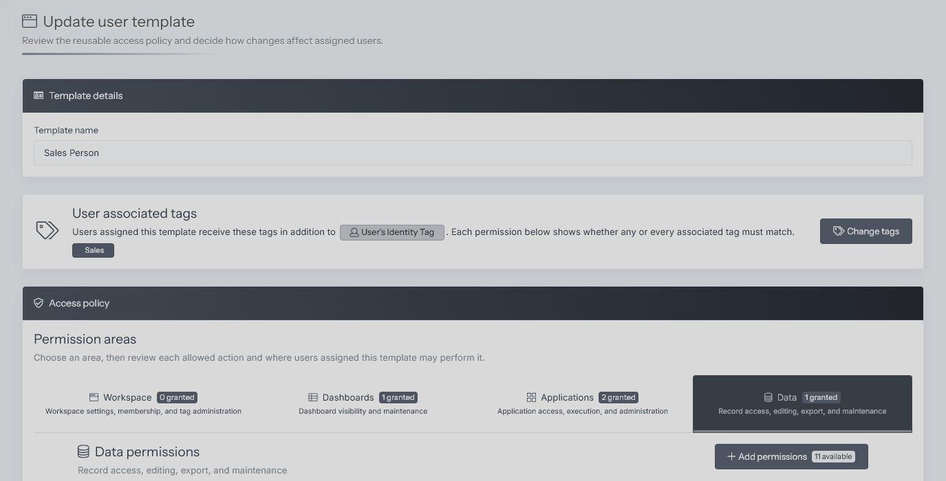 SpreadsheetWeb Identity Template permission areas for workspace, dashboards, applications, and data