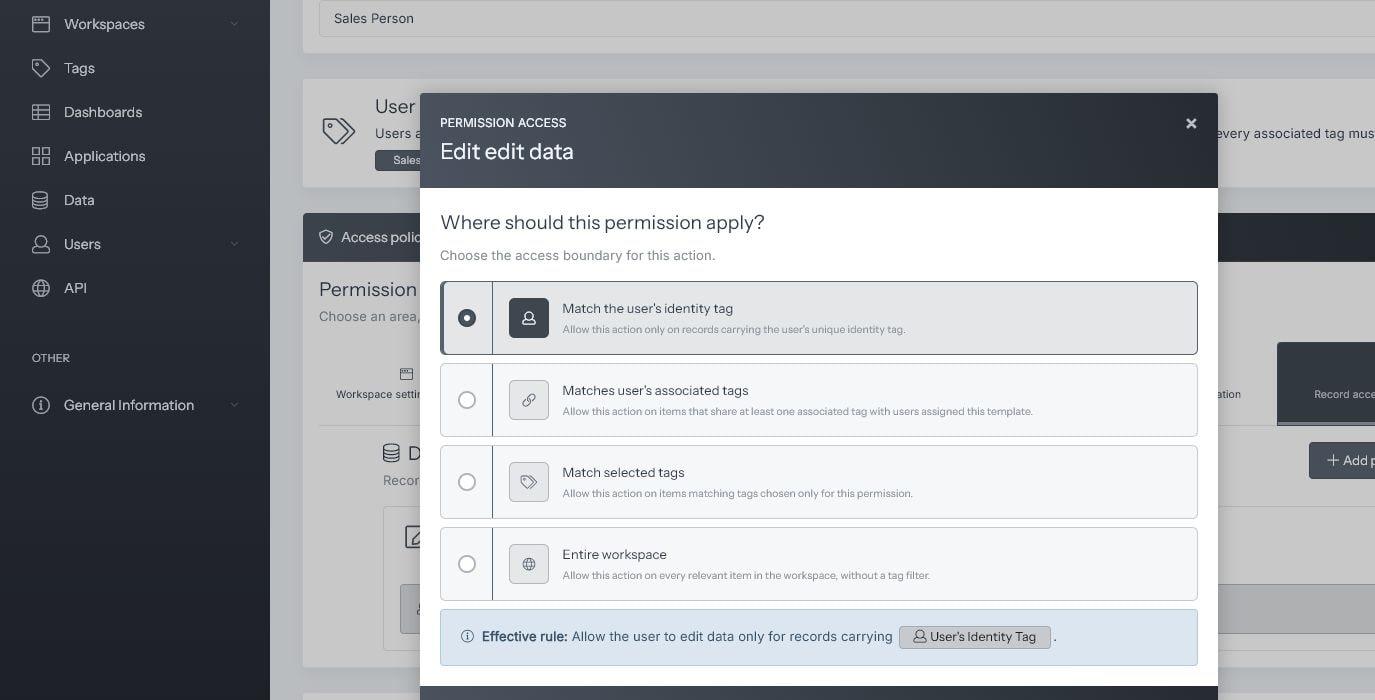 SpreadsheetWeb record permission editor with the user's identity tag, associated tags, selected tags, and entire workspace scopes