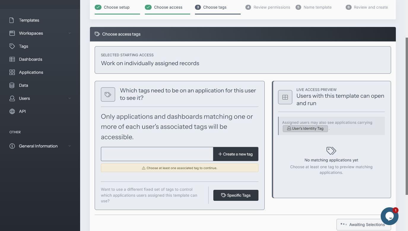 SpreadsheetWeb Identity Template tag selection with a live application access preview and User's Identity Tag