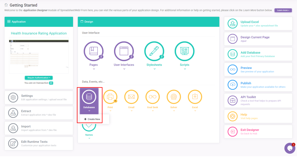 Database Create New: Database interface screenshot 2