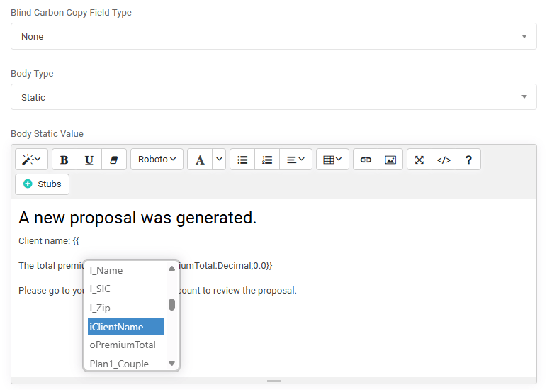SpreadsheetWeb Email Process static body editor with an application value inserted from the Stubs menu