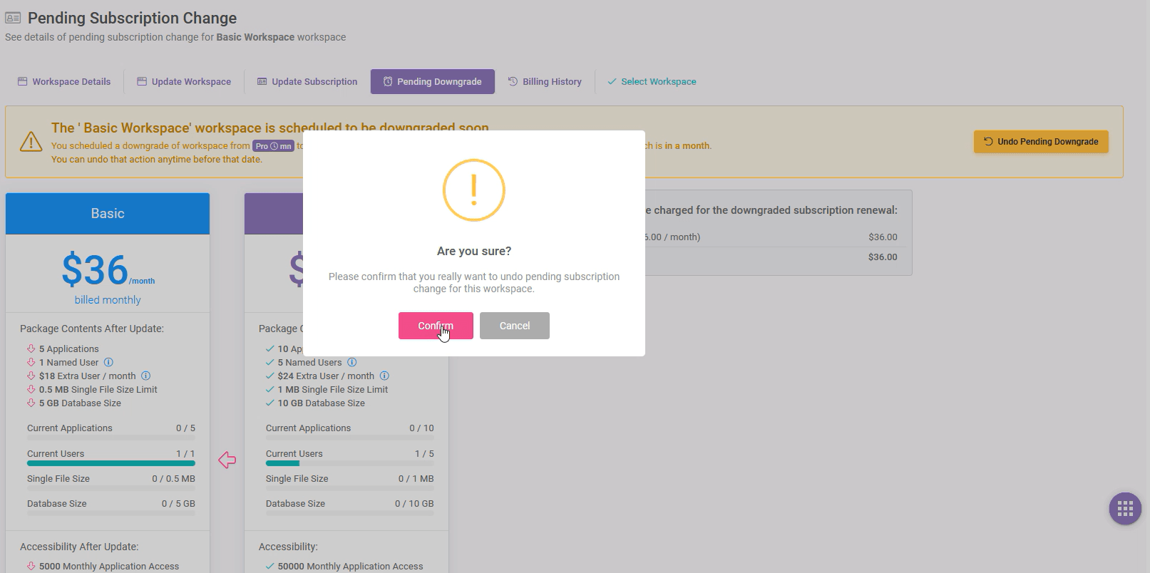 Workspaces 34 min: Undo A Pending Downgrade interface screenshot 12 in Subscriptions