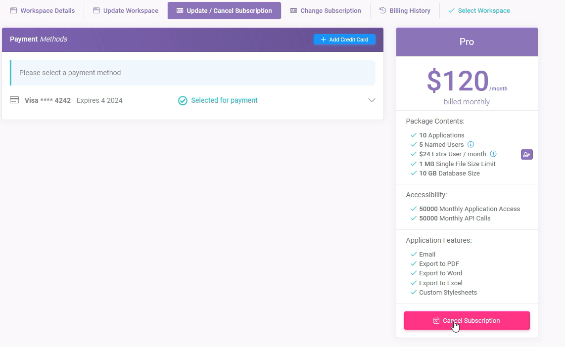 Workspaces 37 min: Cancelling a Subscription interface screenshot 15 in Subscriptions