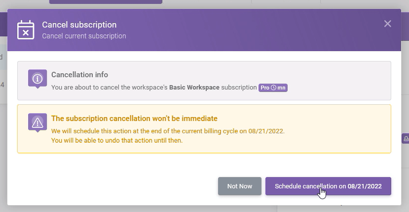 Workspaces 38 min: Cancelling a Subscription interface screenshot 16 in Subscriptions