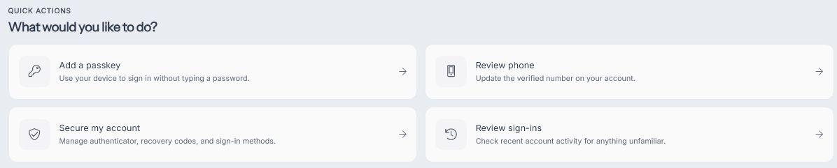 Account Home quick actions for passkeys, phone verification, account security, and sign-in history