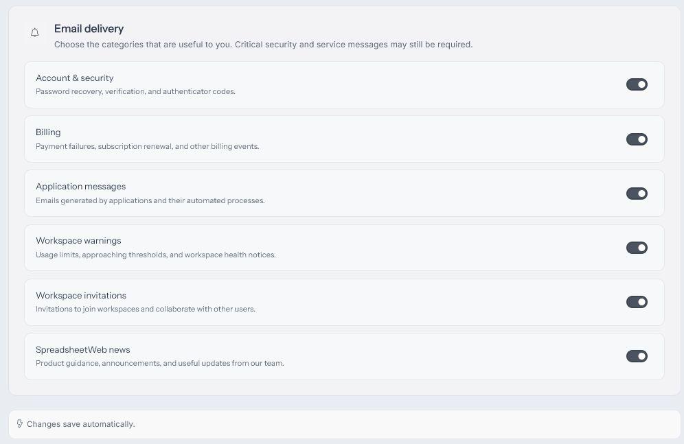 Notification preference categories with automatic saving