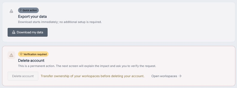 Personal data controls for exporting data and deleting an account