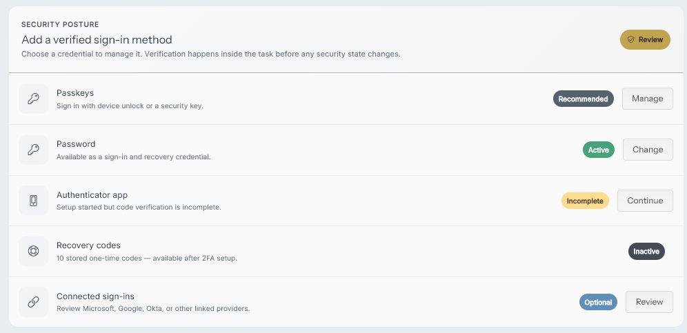 Security page with passkeys, password, authenticator app, recovery codes, and connected sign-ins