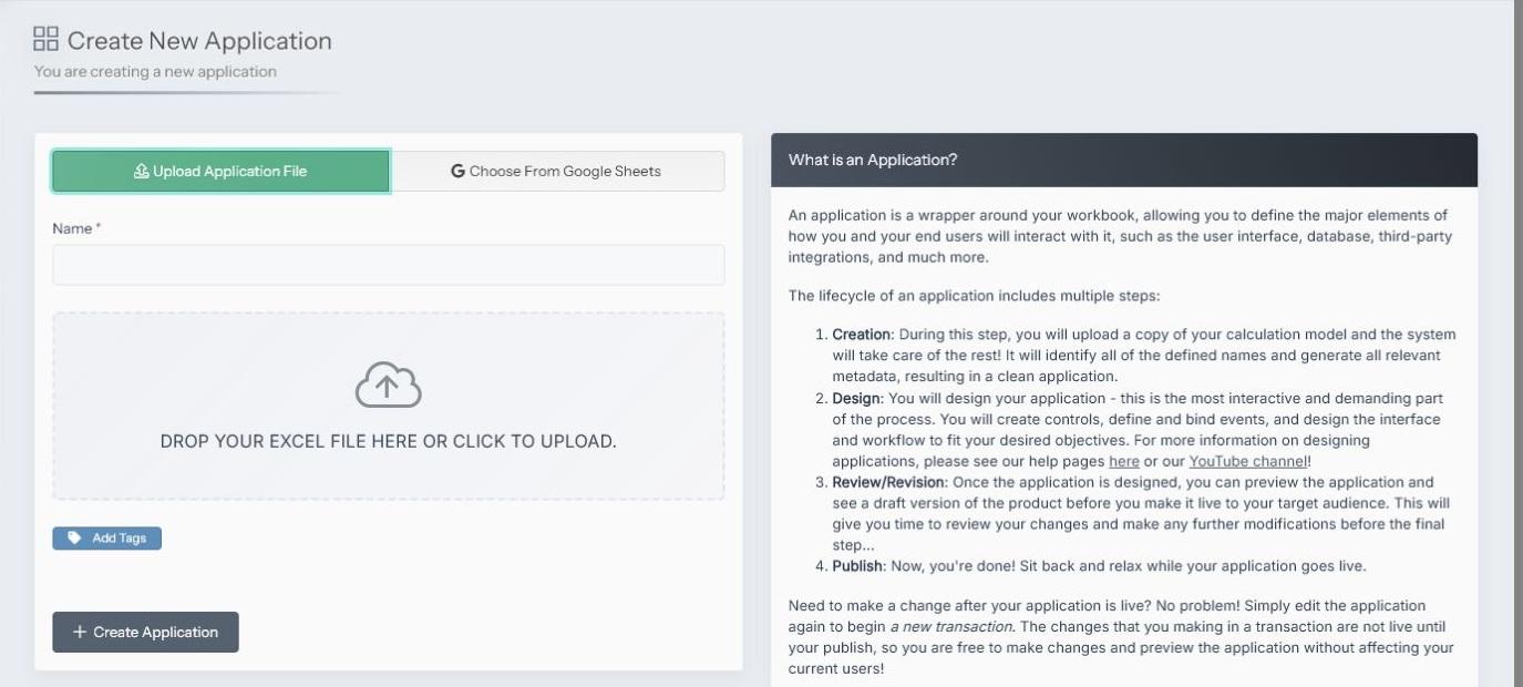 SpreadsheetWeb Create New Application page with Excel file upload and Google Sheets source options