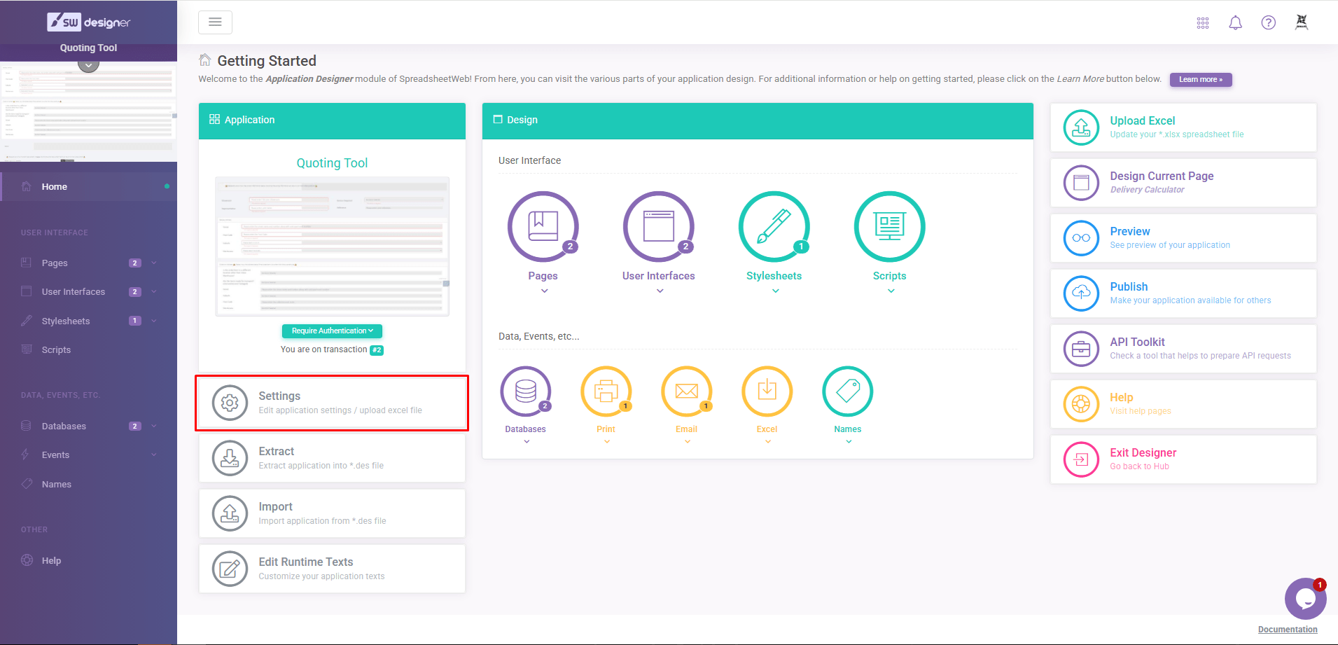 designer home page: Application interface screenshot 1