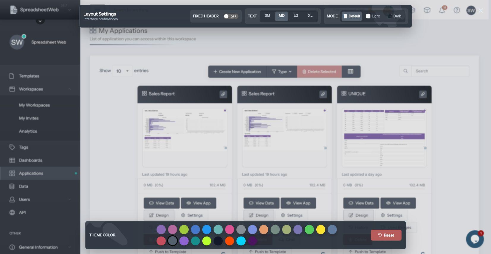 SpreadsheetWeb Hub Layout Settings with fixed header, font size, display mode, theme color, and reset controls