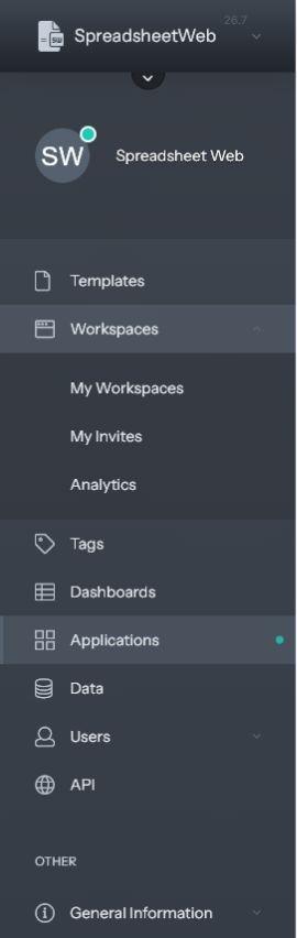 SpreadsheetWeb Hub sidebar with Workspaces expanded and main modules listed