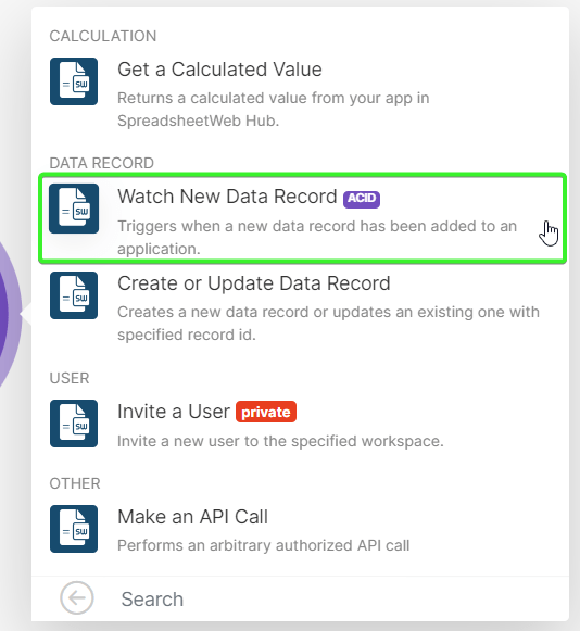 02 Trigger Spreadsheet Web Hub Watch New Data Record: Connecting an Online Calculator to Salesforce interface screenshot 3